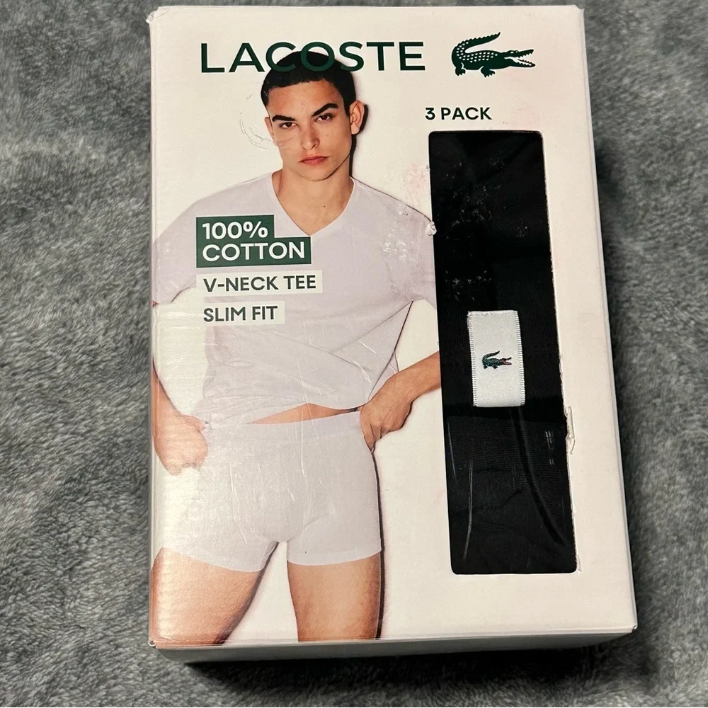LACOSTE 3XL Men’s V-Neck Black Shirts 3-Pack Slim Fit XXXL Cotton
